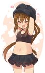  =_= black_skirt blush brown_hair closed_eyes commentary eyebrows_visible_through_hair fumizuki_(kantai_collection) hair_between_eyes highres kantai_collection long_hair navel open_mouth pleated_skirt ponytail skirt solo stomach suzuki_toto undressing very_long_hair 