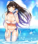  bikini black_hair blush breasts can cleavage closed_mouth collarbone commentary_request day flower girls_frontline hair_flower hair_ornament hairband holding holding_can large_breasts leaning_forward long_hair looking_at_viewer ocean outdoors pocari_sweat qbz-95_(girls_frontline) shorarung side-tie_bikini smile soda_can solo standing sunlight swimsuit thighhighs wading wet white_bikini white_hairband white_legwear yellow_eyes 