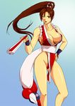  1girl ;d arm bare_arms bare_legs bare_shoulders breasts brown_eyes brown_hair cleavage closed_fan collarbone fan fatal_fury female gradient gradient_background hand_on_hip hand_up highleg highleg_panties holding holding_fan japanese_clothes king_of_fighters large_breasts legs lips long_hair looking_at_viewer matching_hair/eyes mound_of_venus neck one_eye_closed open_mouth panties pelvic_curtain pixiv_manga_sample ponytail red_clothes red_panties revealing_clothes sash shiny shiny_skin shiranui_mai snk solo standing tasuki white_tasuki wink wristband 