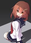  absurdres amputee black_sailor_collar black_skirt brown_eyes brown_hair commentary_request crying crying_with_eyes_open double_amputee highres ikazuchi_(kantai_collection) kantai_collection long_sleeves neckerchief open_mouth pleated_skirt red_neckwear sailor_collar sakakiba_misogi school_uniform serafuku short_hair skirt solo stump_cover tears 