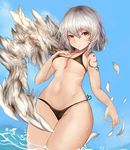  ahoge bare_arms bare_legs bikini black_bikini blue_sky breasts commentary_request day expressionless feathered_wings feathers halter_top halterneck houdukixx kishin_sagume looking_at_viewer medium_breasts orange_eyes side-tie_bikini sideboob silver_hair single_wing sky solo stomach swimsuit tattoo thick_thighs thighs touhou underboob wading water wings yellow_eyes 