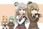  :d :t ascot b-man braid brown_eyes brown_hair commentary_request curly_hair detached_sleeves eating ehoumaki food french_braid green_eyes green_hair hat headgear holding kantai_collection kumano_(kantai_collection) light_brown_hair long_hair makizushi mini_hat multiple_girls open_mouth pleated_skirt pola_(kantai_collection) ponytail silver_hair skirt smile sushi suzuya_(kantai_collection) wavy_mouth zara_(kantai_collection) 