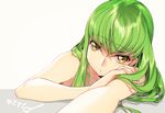  bare_arms beige_background c.c. chin_rest closed_mouth code_geass creayus eyebrows_visible_through_hair foreshortening green_hair long_hair looking_at_viewer sidelocks simple_background solo upper_body yellow_eyes 