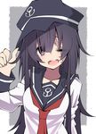  ;d absurdres akatsuki_(kantai_collection) amputee black_hat black_sailor_collar breasts commentary flat_cap hair_over_eyes hat highres kantai_collection long_hair long_sleeves medium_breasts neckerchief one_eye_closed open_mouth purple_eyes purple_hair red_neckwear sailor_collar sakakiba_misogi scar scar_across_eye school_uniform serafuku smile solo 