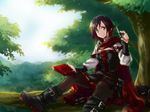  boots brown_hair bullet capelet corset forest looking_at_viewer multicolored_hair nature pantyhose red_hair ruby_rose rwby silver_eyes smile solo tree tsuta_no_ha 