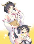  adjusting_eyewear akaneyu_akiiro black_hair black_hakama blue_eyes book breasts child detached_sleeves dual_persona glasses gradient gradient_background hakama hakama_skirt headband holding holding_book holding_envelope japanese_clothes kantai_collection kirishima_(kantai_collection) large_breasts looking_at_viewer md5_mismatch mother_and_daughter multiple_girls nontraditional_miko ribbon-trimmed_sleeves ribbon_trim short_hair smile thighhighs translated white_background wide_sleeves yellow_background yellow_eyes younger 