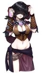  barbariank black_hair blindfold bracer breasts bustier cleavage commentary cowboy_shot facing_viewer gem groin hood hood_down jewelry large_breasts lips midriff navel paladins pale_skin parted_lips ring seris_(paladins) short_hair side_slit solo transparent_background wavy_hair 