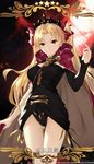 ass_visible_through_thighs bangs blonde_hair blush cape card_(medium) card_parody earrings ereshkigal_(fate/grand_order) fate/grand_order fate_(series) hair_ribbon highres jewelry long_hair red_cape red_eyes red_ribbon ribbon servant_card_(fate/grand_order) shiny shiny_hair skull solo spine tiara translation_request twintails yijian_ma 