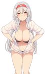  bad_id bad_pixiv_id bikini black_bikini blush breasts brown_eyes cleavage collarbone hairband highres hood hoodie kantai_collection large_breasts light_smile long_hair navel open_clothes open_hoodie shoukaku_(kantai_collection) simple_background solo suisen_toire_(moko924) swimsuit white_background white_hair 