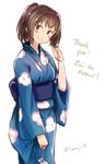  blue_kimono blush brown_eyes brown_hair commentary_request english floral_print hair_ribbon ise_(kantai_collection) japanese_clothes kantai_collection kimono long_sleeves looking_at_viewer obi ponytail ribbon sash smile solo standing terrajin twitter_username white_background wide_sleeves yukata 