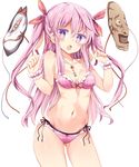  :o alternate_hairstyle arm_up ass_visible_through_thighs bare_arms bare_shoulders bikini breasts bright_pupils cleavage collarbone cowboy_shot eyebrows_visible_through_hair fox_mask hair_between_eyes hair_ribbon hata_no_kokoro highres jewelry long_hair looking_at_viewer mask maturiuta_sorato medium_breasts navel necklace open_mouth pink_eyes pink_hair plaid plaid_bikini red_ribbon ribbon side-tie_bikini simple_background solo standing stomach swimsuit tan tanline touhou two_side_up white_background wrist_cuffs 