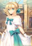  ahoge artoria_pendragon_(all) blonde_hair bow breasts choker cleavage dress fate/grand_order fate_(series) gloves green_eyes hair_bow md5_mismatch medium_breasts pinky_out rainbow saber smile solo tiara trianon watermark web_address white_dress white_gloves 