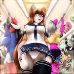  2017 ambiguous_gender anthro bell big_breasts black_bottomwear black_clothing black_hair black_legwear black_stripes blue_bottomwear blue_topwear blush breasts brown_hair calico_cat canine cat claws clitoris clothed clothing cory_(dinonickp) countershading crossgender detailed_background digital_media_(artwork) dinnick_a&#039;nnova exposed eyes_closed fan_character feline female fox front_view fully_clothed fur green_eyes green_hair grey_hair grey_skin group hair horn hybrid lagomorph laugh legwear long_hair low-angle_view lucario mammal midriff miniskirt mouse multicolored_body multicolored_eyes multicolored_hair naota_mels nintendo no_underwear open_mouth orange_body orange_fur orange_hair perspective pink_body pok&eacute;mon pussy rabbit red_body red_eyes rodent school_uniform shaded shirt sitting skimpy skirt slit_pupils splatoon standing striped_body stripes text theog_rb thigh_highs tiger train two_tone_hair uniform upskirt vehicle video_games watermark whiskers white_horn white_topwear wolf yellow_topwear 