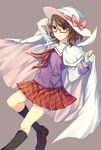  alternate_costume alternate_headwear bow brown_background brown_eyes brown_hair cape capelet commentary_request dress glasses gloves hat hat_bow hat_ribbon kaede_(mmkeyy) long_sleeves looking_at_viewer low_twintails plaid purple_dress red-framed_eyewear red_bow red_skirt ribbon school_uniform semi-rimless_eyewear simple_background skirt solo touhou twintails under-rim_eyewear usami_sumireko white_cape white_gloves white_hat 