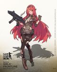  ankle_boots bangs black_legwear blush boots breasts brown_footwear brown_gloves character_name cleavage copyright_name cross-laced_footwear cz_scorpion_evo_3 evo_3_(girls_frontline) eyebrows_visible_through_hair eyewear_removed full_body girls_frontline glasses gloves gun hairband hands_up highres holding holding_gun holding_weapon kugi_ta_hori_taira lace-up_boots long_hair looking_at_viewer medium_breasts miniskirt official_art one_eye_closed pantyhose parted_lips pleated_skirt semi-rimless_eyewear shadow skirt solo submachine_gun torn_clothes torn_legwear trigger_discipline under-rim_eyewear watermark weapon web_address 