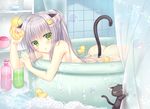  :o ahoge animal animal_ears ass bangs bath bathroom bathtub blush cat cat_ears cat_tail commentary_request curtains duck_hair_ornament eyebrows_visible_through_hair foam green_eyes hair_ornament hairclip holding indoors kohinata_hoshimi long_hair looking_at_viewer nude original parted_lips partially_submerged pointing rubber_duck shampoo shampoo_bottle silver_hair soap soap_bubbles solo sparkle tail water wet 