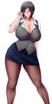  1girl black_hair blush breasts brown_eyes cleavage clothes curvy female glasses holding_glasses huge_breasts lipstick looking_at_viewer open_mouth pantyhose saogokushi short_hair skirt solo standing thick_thighs thighs white_background wide_hips 
