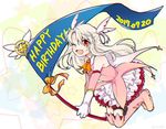  ;d asano_(miagolo) blush boots bow commentary_request elbow_gloves fate/kaleid_liner_prisma_illya fate_(series) feathers flag gloves hair_feathers happy_birthday holding illyasviel_von_einzbern long_hair magical_girl magical_ruby one_eye_closed open_mouth prisma_illya red_eyes smile wand white_hair 
