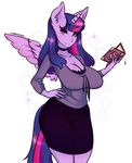  2017 anthro anthrofied big_breasts book breasts cherrikissu choker cleavage clothed clothing equine eyebrows eyebrows_visible_through_hair eyelashes feathered_wings feathers female friendship_is_magic front_view hair hand_on_hip hi_res holding_book holding_object horn long_hair looking_at_viewer mammal mature_female my_little_pony portrait purple_body purple_eyes purple_hair signature skirt solo standing three-quarter_portrait twilight_sparkle_(mlp) unicorn wings 