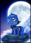  blue_eyes blue_hair detailed_background equine eyelashes female feral friendship_is_magic hair horn mammal moon my_little_pony night outside pridark princess_luna_(mlp) rock smile standing winged_unicorn wings 