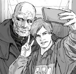  2boys ;) bald cellphone greyscale highres leon_s_kennedy looking_at_viewer monochrome monster mr._x multiple_boys one_eye_closed phone police police_uniform pose resident_evil resident_evil_2 self_shot smartphone smile taking_picture trench_coat tyrant uniform v 