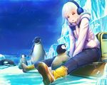  abo_(kawatasyunnnosukesabu) animal backpack bag bird blush boots dragon earmuffs eyebrows_visible_through_hair glacier ice looking_away orca original parted_lips penguin red_eyes sitting snow_boots white_hair yellow_footwear 