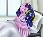  blue_eyes blue_feathers detailed_background duo equine eyes_closed feathered_wings feathers friendship_is_magic hair hooves horn mammal my_little_pony pridark purple_feathers purple_hair smile twilight_sparkle_(mlp) winged_unicorn wings 