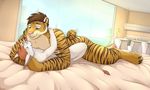  2017 anthro bed butt cat claws cute digital_media_(artwork) digitigrade duo feline frottage fur green_eyes hair hi_res hindpaw hug kissing krazykurt lying male male/male mammal mercenaries multicolored_fur muscular nude on_bed open_mouth pawpads paws sex size_difference smile stripes tiger toes 
