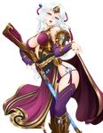  arched_back barbariank between_legs blue_eyes breasts commentary elbow_gloves fingerless_gloves gloves gun hair_ornament hair_stick head_tilt highres lian_(paladins) lips long_hair looking_at_viewer medium_breasts paladins parted_lips purple_gloves purple_legwear rifle side_slit skirt skirt_lift solo thighhighs transparent_background weapon white_hair 