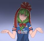  alternate_costume bangs blunt_bangs bow commentary_request cruz_azul eyebrows_visible_through_hair frills front_ponytail green_eyes green_hair hair_bow hair_ribbon head_tilt kagiyama_hina looking_at_viewer mefomefo ribbon shaded_face short_sleeves shrug simple_background soccer soccer_uniform solo sportswear touhou under_armour 