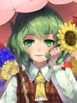  ascot collar collared_shirt commentary_request eyebrows_visible_through_hair field flower flower_field frilled_collar frills green_eyes green_hair hand_up highres holding holding_flower holding_umbrella kazami_yuuka long_sleeves looking_at_viewer outdoors parasol parted_lips piyodesu plaid plaid_vest shiny shiny_hair shirt short_hair smile solo sunflower touhou umbrella upper_body vest wavy_hair white_shirt wing_collar 