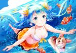  air_bubble amicis_(amisic) aqua_eyes aqua_hair bangs barefoot bikini_top blue_hair bracelet bubble clownfish commentary diving dog dutch_angle earrings fish floating_hair freediving full_body hatsune_miku jewelry long_hair ocean orange_skirt outstretched_arms pleated_skirt shell_earrings skirt smile spread_arms submerged swimming tongue tongue_out twintails underwater vocaloid welsh_corgi white_bikini_top wristband 