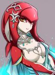  breasts collarbone fins fish_girl hair_ornament jewelry lips looking_at_viewer medium_breasts minarai mipha multicolored multicolored_skin necklace smile solo the_legend_of_zelda the_legend_of_zelda:_breath_of_the_wild upper_body yellow_eyes zora 