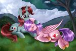  brown_eyes cutie_mark day detailed_background duo equine fan_character feathered_wings feathers female grass hair hooves horn lying male mammal my_little_pony outside pegasus pink_feathers pridark red_hair smile tree unicorn wings 