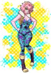  1girl :d ashido_mina black_sclera bodysuit boku_no_hero_academia breasts cleavage covered_navel domino_mask full_body hands_on_hips horns looking_at_viewer medium_breasts pink_hair pink_skin sleeveless solo vest yellow_eyes 