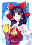  :d alcohol ascot bangs beer beer_mug black_hair blunt_bangs blush bow brown_eyes cloud commentary cup detached_sleeves foam hair_bow hair_tubes hakurei_reimu highres holding holding_cup japanese_clothes medium_hair midriff miko mochacot open_mouth sarashi smile solo touhou windowboxed 