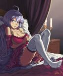  absurdres ahoge artist_name bare_shoulders bed bed_sheet blush breasts candle candlestand cleavage commentary_request detached_sleeves dress dress_tug full_body hair_between_eyes hair_ornament hair_scrunchie highres jonathan_h large_breasts long_hair looking_at_viewer no_shoes open_mouth pillow purple_eyes red_dress scrunchie senki_zesshou_symphogear silver_hair sitting solo thighhighs twintails very_long_hair white_legwear yukine_chris 