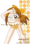  1girl bikini blush bow brown_eyes brown_hair character_name child fujiwara_hazuki glasses leaning_forward ojamajo_doremi one_eye_closed ponytail smile solo swimsuit 