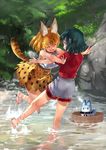  :d ^_^ animal_ears barefoot black_hair blush closed_eyes day facing_another glomp highres hug kaban_(kemono_friends) kemono_friends looking_at_another lucky_beast_(kemono_friends) multiple_girls nature no_legwear open_mouth orange_hair outdoors red_shirt serval_(kemono_friends) serval_ears serval_tail shirt short_hair short_sleeves smile tadano_magu tail tree v-shaped_eyebrows water wet 