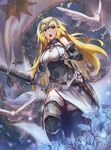  armor armored_dress bare_shoulders bird blonde_hair blue_eyes breasts chain cloud cloudy_sky commentary_request eyebrows_visible_through_hair fate_(series) faulds flag flower fur_trim gauntlets greaves headpiece jeanne_d'arc_(fate) jeanne_d'arc_(fate)_(all) kakumayu large_breasts light_rays looking_at_viewer md5_mismatch open_mouth sky sleeveless solo sunbeam sunlight sword teeth thighhighs walking weapon 