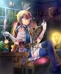  artist_request belt blonde_hair blue_eyes book bookshelf bush chair cygames frills gloves hourglass lantern official_art ornament ponytail reading ribbon see-through shadowverse shield shingeki_no_bahamut sitting smoke sword thighhighs vial weapon 