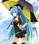 :d ajigo aqua_hair belt bike_shorts blue_eyes blue_hair breasts contrapposto cowboy_shot day gloves hatsune_miku headset highres holding holding_umbrella long_hair looking_at_viewer open_mouth outdoors race_queen shorts small_breasts smile solo standing thighhighs twintails umbrella very_long_hair visor_cap vocaloid 