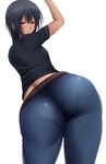  1girl ass belt black_hair blush female huge_ass jeans large_ass looking_at_viewer pantylines red_eyes saogokushi shirt short_hair solo tan_skin tanned_skin thick_thighs thighs white_background 