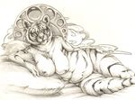  anthro big_breasts breasts cadmiumtea ear_piercing feline female fur hand_on_hip jewelry looking_at_viewer lying mammal mature_female monochrome necklace nipples nude on_side piercing simple_background slightly_chubby tiger traditional_media_(artwork) voluptuous wide_hips 
