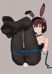  animal_ears ass bangs bare_arms bare_shoulders barefoot black_choker black_collar black_legwear black_leotard blue_eyes breasts brown_hair bunny_ears bunny_girl bunny_tail bunnysuit choker closed_mouth collar collarbone eyebrows_visible_through_hair fake_animal_ears feet frilled_cuffs frills grain hair_between_eyes highres holding holding_strap legs_up leotard looking_at_viewer lying maid_headdress on_back original pantyhose short_hair simple_background small_breasts smile soles solo strapless strapless_leotard tail toes wrist_cuffs 