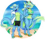  amethystdust anthro beach bikini breasts campfire_(character) claws clothed clothing digital_media_(artwork) dragon duo eyebrows eyelashes fangs female hair horn male multicolored_hair navel outside scalie seaside smile solo standing swimsuit teeth tongue tongue_out water 