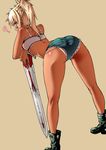  ? absurdres ass bare_shoulders bent_over blonde_hair boots braid clarent cutoffs f.w.zholic fate/apocrypha fate_(series) from_behind green_eyes highres looking_at_viewer mordred_(fate) mordred_(fate)_(all) ponytail short_shorts shorts simple_background solo standing sword tan tanline weapon 