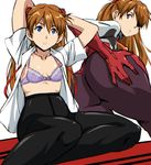  arms_up ass bent_over black_legwear blue_eyes bodysuit breasts brown_hair evangelion:_3.0_you_can_(not)_redo eyepatch long_hair looking_back neon_genesis_evangelion nipples open_clothes open_shirt pantyhose plugsuit purple_background rebuild_of_evangelion see-through shikinami_asuka_langley shirt simple_background small_breasts solo souryuu_asuka_langley white_background yuya 