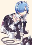  all_fours ball_and_chain blue_eyes blue_hair blush chain detached_sleeves frilled_sleeves frills hair_ornament hair_over_one_eye kuhotaka looking_at_viewer maid maid_headdress no_shoes open_mouth pantyhose pink_ribbon purple_ribbon re:zero_kara_hajimeru_isekai_seikatsu rem_(re:zero) ribbon ribbon-trimmed_clothes ribbon_trim round_teeth short_hair simple_background sleeves_past_wrists solo spike_ball teeth underbust weapon white_legwear x_hair_ornament 