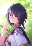  black_hair blurry commentary_request dappled_sunlight day depth_of_field from_side hand_up looking_at_viewer original outdoors parted_lips purple_eyes school_uniform serafuku short_hair_with_long_locks short_sleeves smile solo sunlight teeth u35 upper_body 
